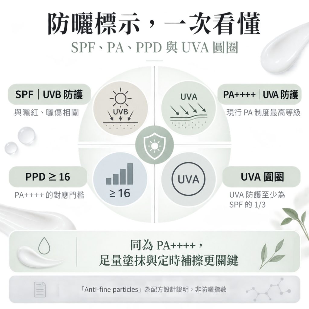 先看懂標示:SPF、PA、PPD 與 UVA 圓圈 先看懂標示:SPF、PA、PPD 與 UVA 圓圈